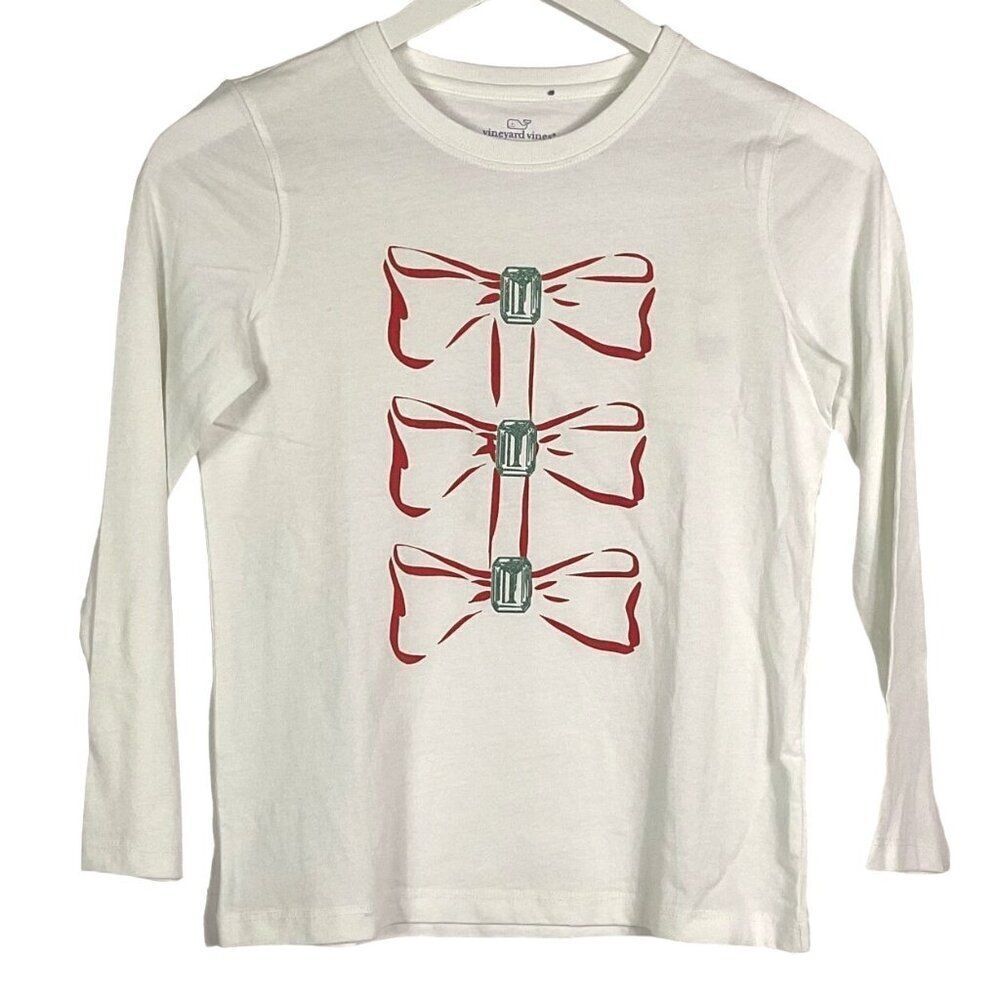 NWT Vineyard Vines Graphic Tee Long Sleeve Jeweled Bows Girls L (14) 100% Cotton